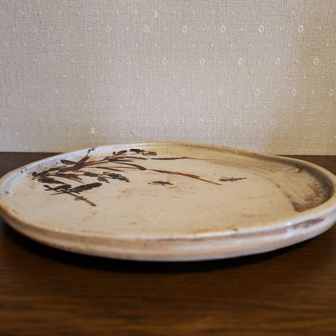 慶應　江戸後期　絵瀬戸　鉄絵　石皿 秋草行灯皿　油皿