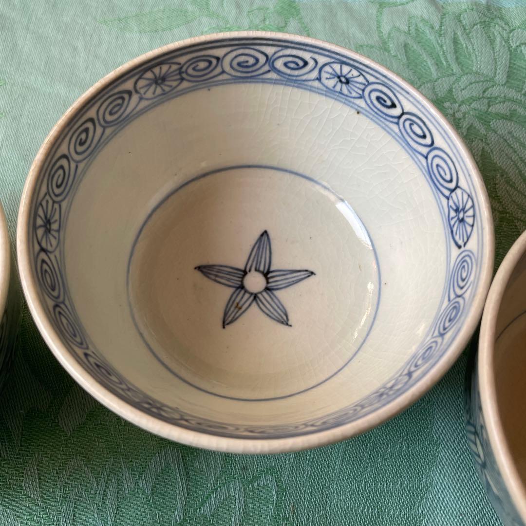 古伊万里　花弁紋　唐草　蓋付きご飯茶碗 6客