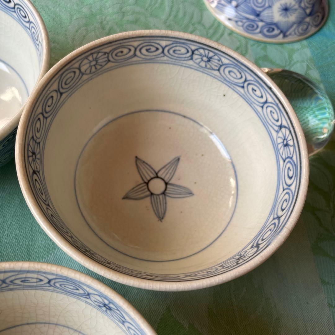 古伊万里　花弁紋　唐草　蓋付きご飯茶碗 6客