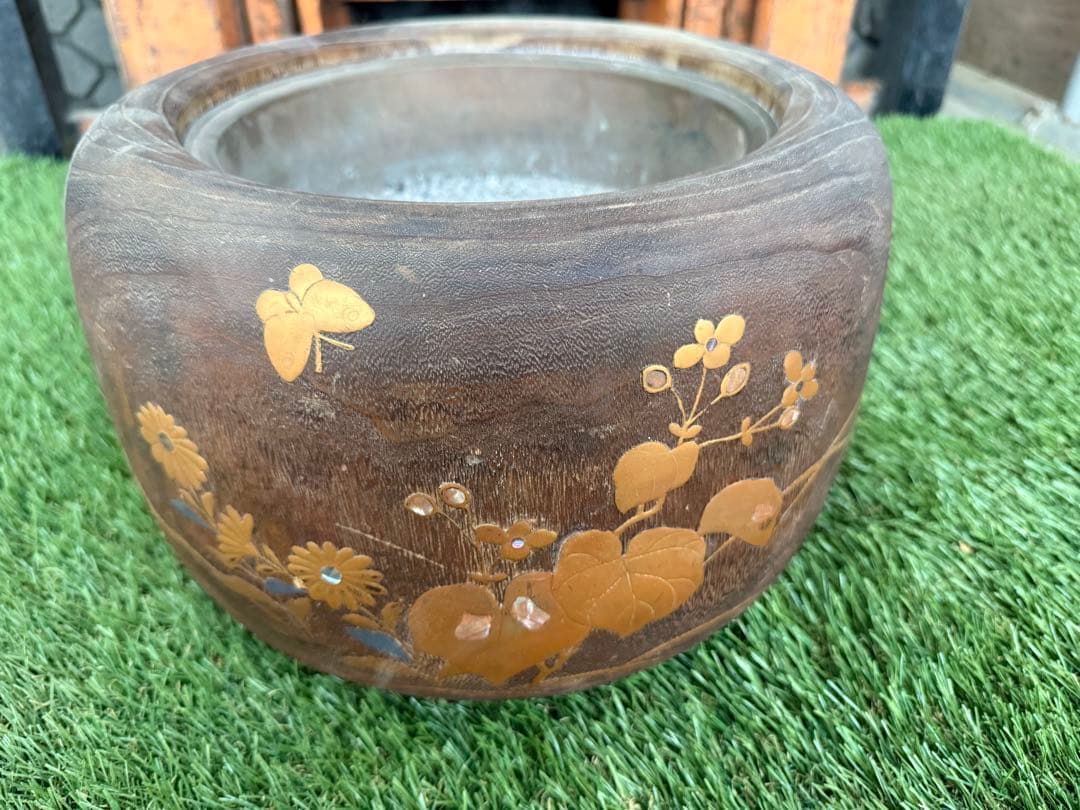 ま*ん様 木製火鉢 金箔装飾付き