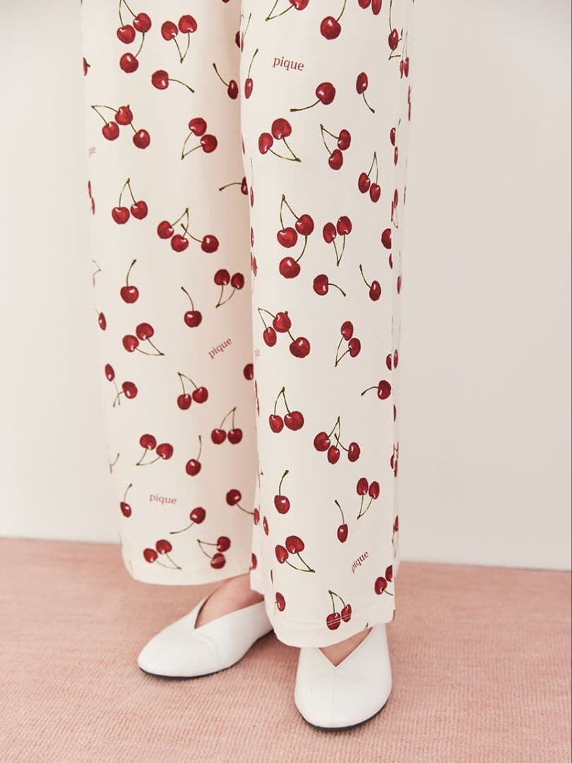 最終値下げ ジェラートピケ チェリー柄ロングパンツ オフホワイト