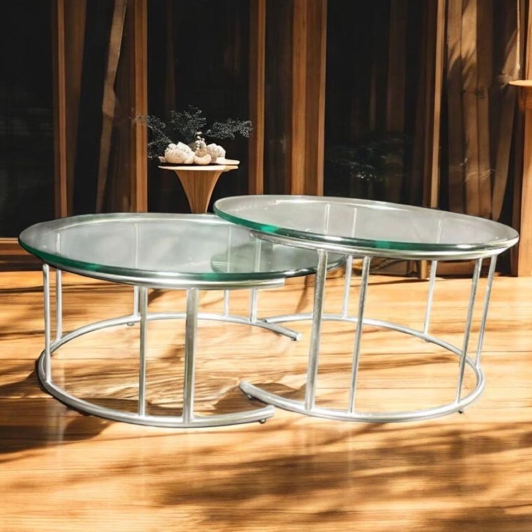 HR644 HUKLA 円形ガラスセンターテーブル　2個セット