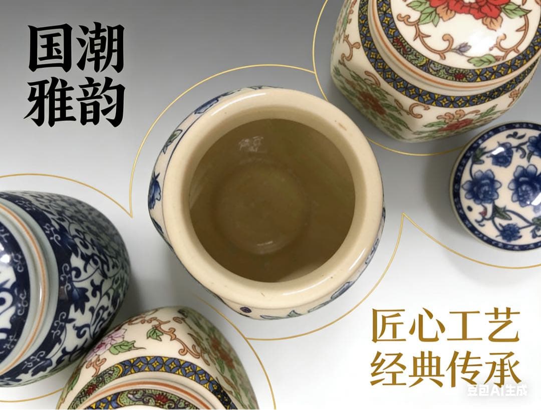 青と白の花柄 陶器容器セット お茶入れ