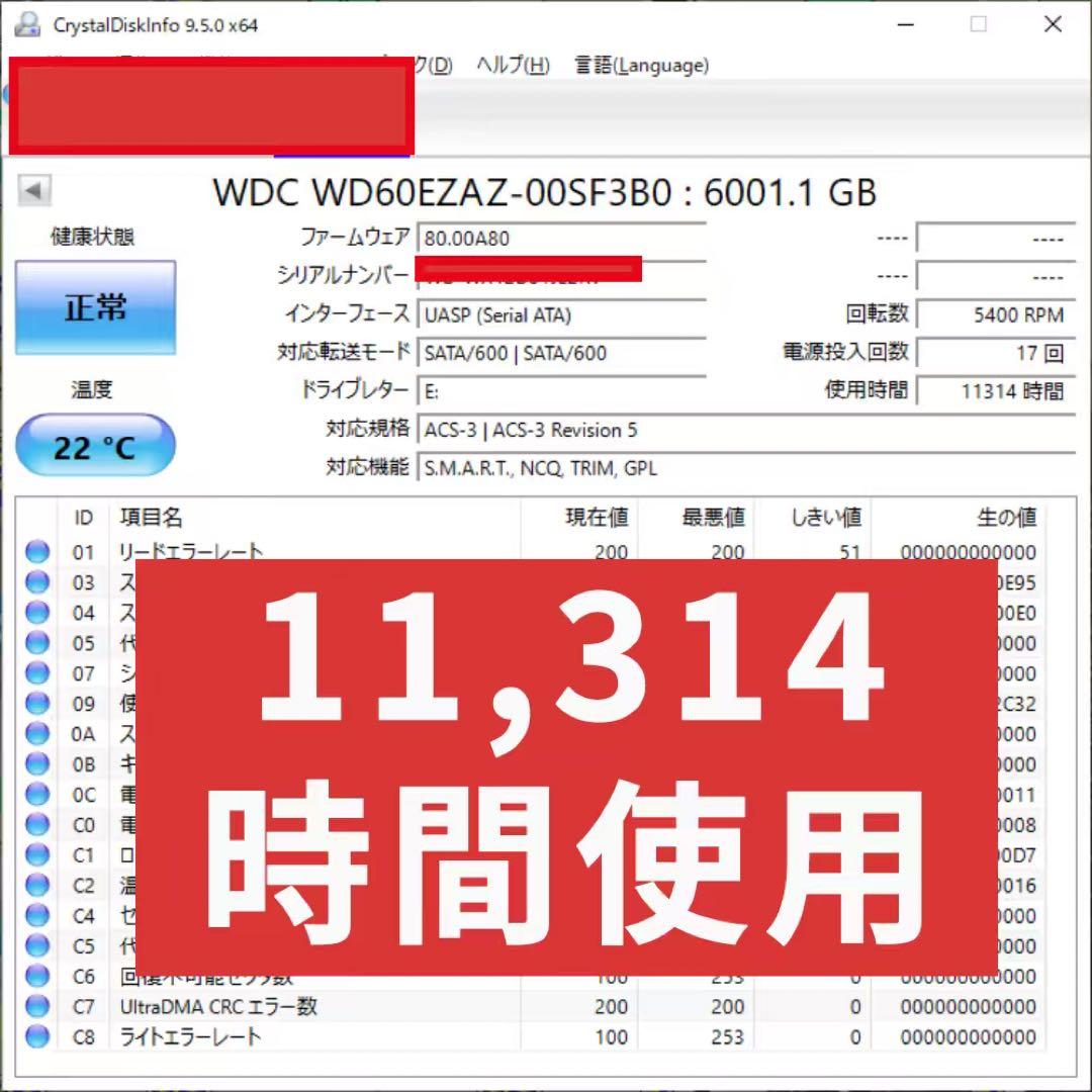 WD60EZAZ WD Blue 6TB HDD 11,314時間使用