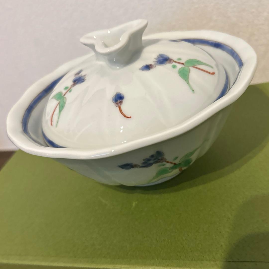 うつわ藍水　蓋物　お花　ブルー
