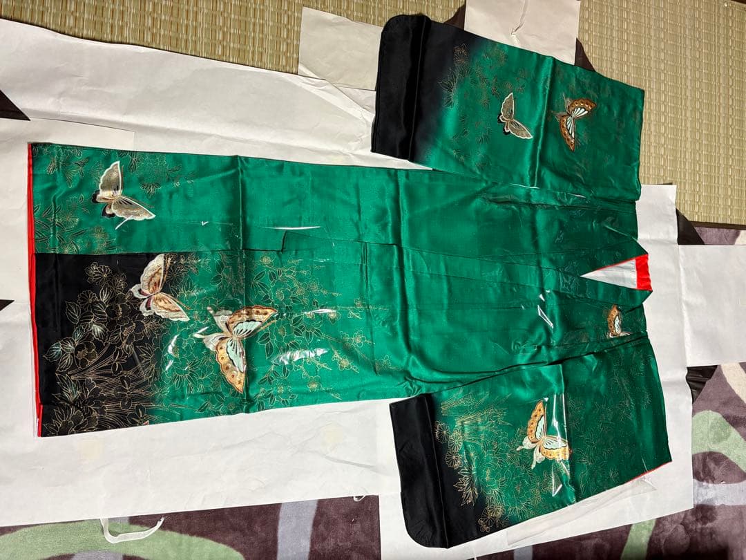 七五三 着物セット 蝶の刺繍付き　緑　7歳　女の子