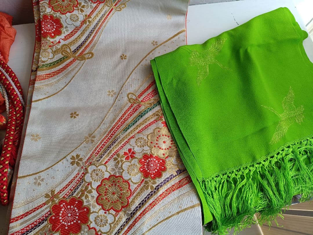 専用です☆抹茶色☆正絹着物とゴールド系袋帯☆七五三セット