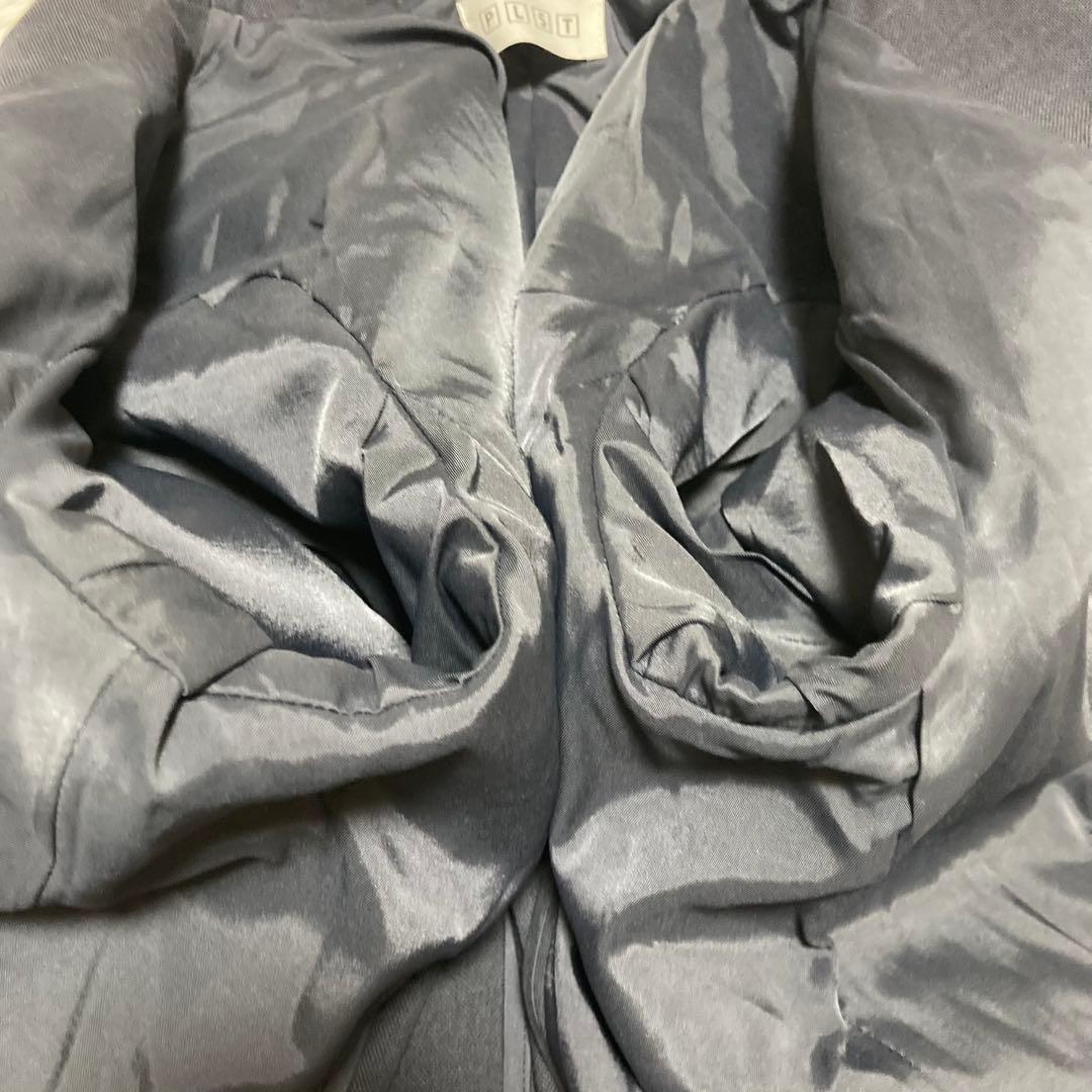 PLST スーツ　セットアップ　ノーカラー　Lサイズ　リネン混　ネイビー