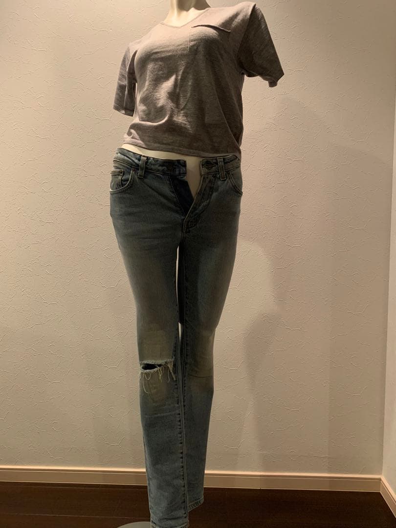 【美品】yslライトブルースキニーデニム25インチクラッシュダメージサンローラン