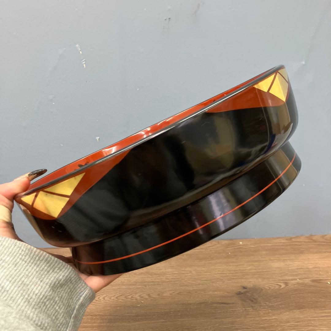 D-5 昭和レトロ 水澤本製 漆器 菓子鉢 平鉢 桃 縁起物 金彩 木製 供物台