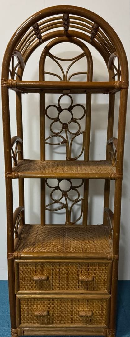 も*り様 ヴィンテージ　ラタンディスプレイラック　引き出し付き3段飾り棚　籐家具