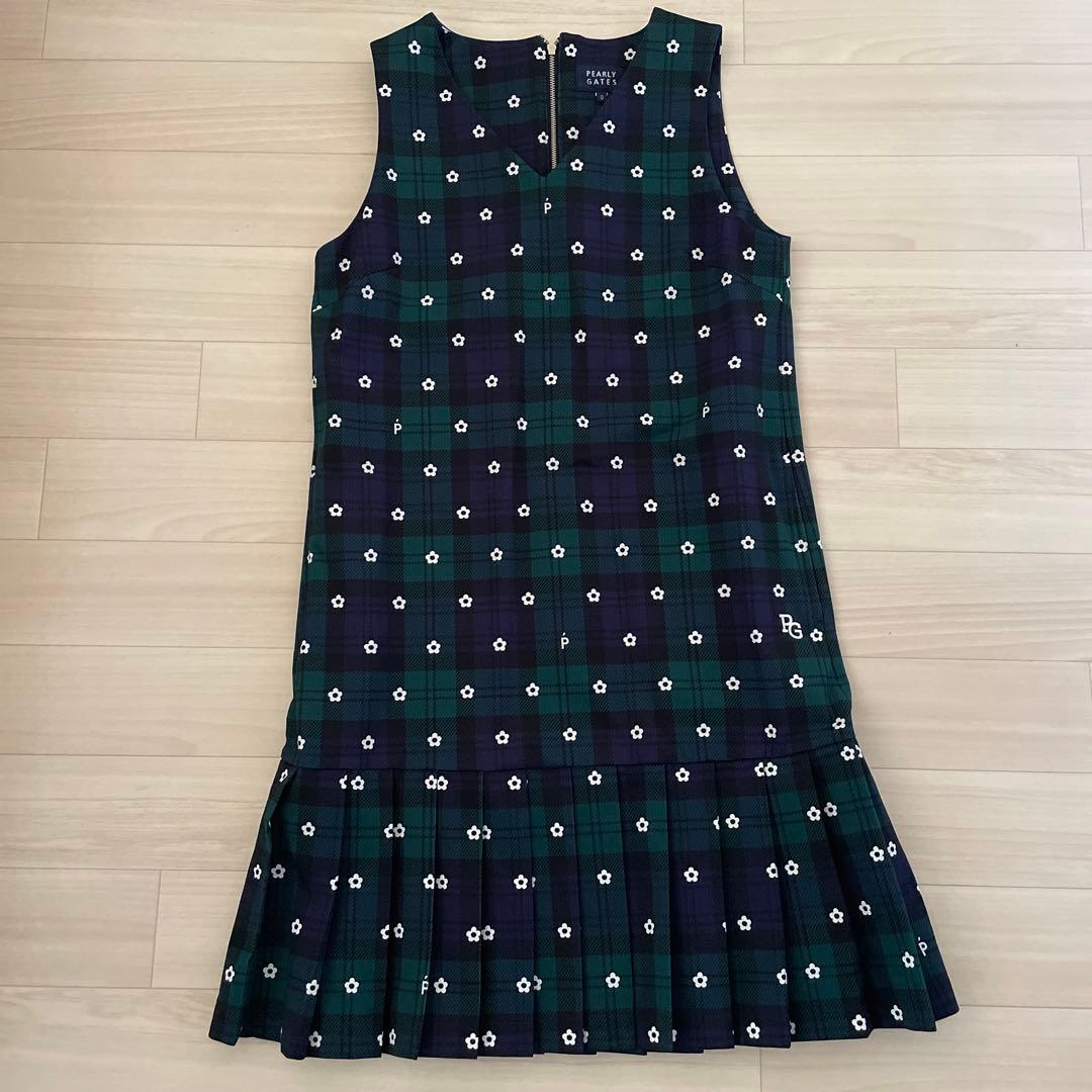 パーリーゲイツ　サイズ0定番チェック柄プリーツワンピ　ノースリーブワンピ