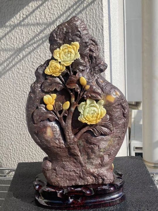 青田石　フラワー彫刻　3610g 博物館から流出　最高品質な青田石アート