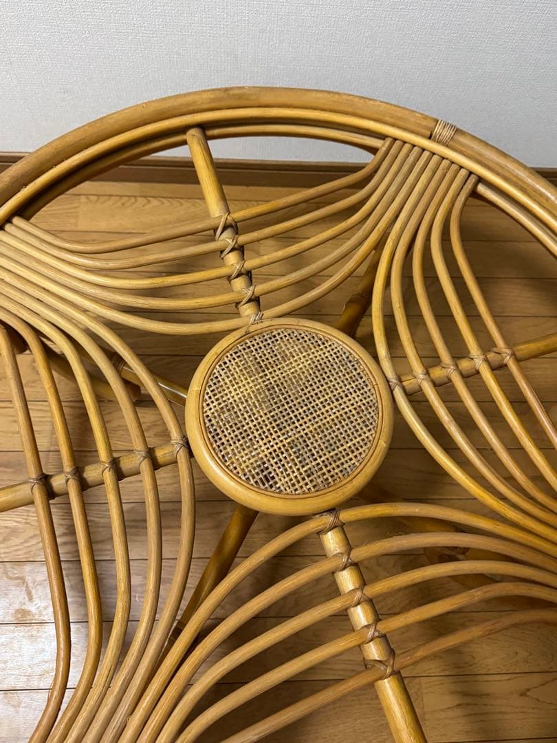 昭和レトロ ヴィンテージ ラタンラウンドテーブル 籐家具 ガラス天板