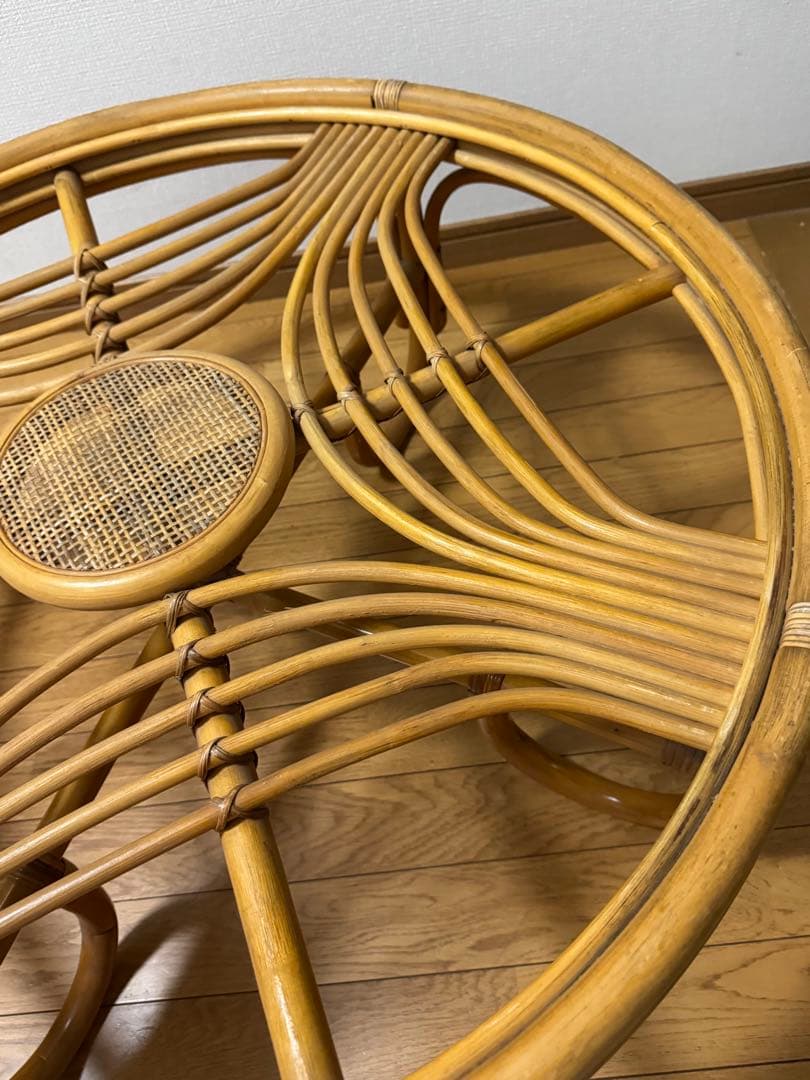 昭和レトロ ヴィンテージ ラタンラウンドテーブル 籐家具 ガラス天板