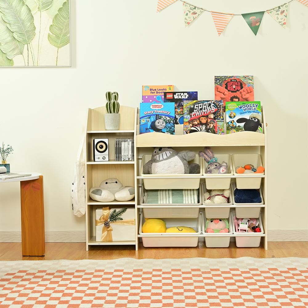 【新品】木製 幅114cm 大容量おもちゃ収納ラック ホワイトボード付