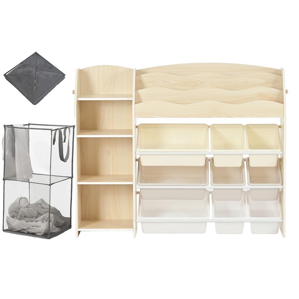 【新品】木製 幅114cm 大容量おもちゃ収納ラック ホワイトボード付