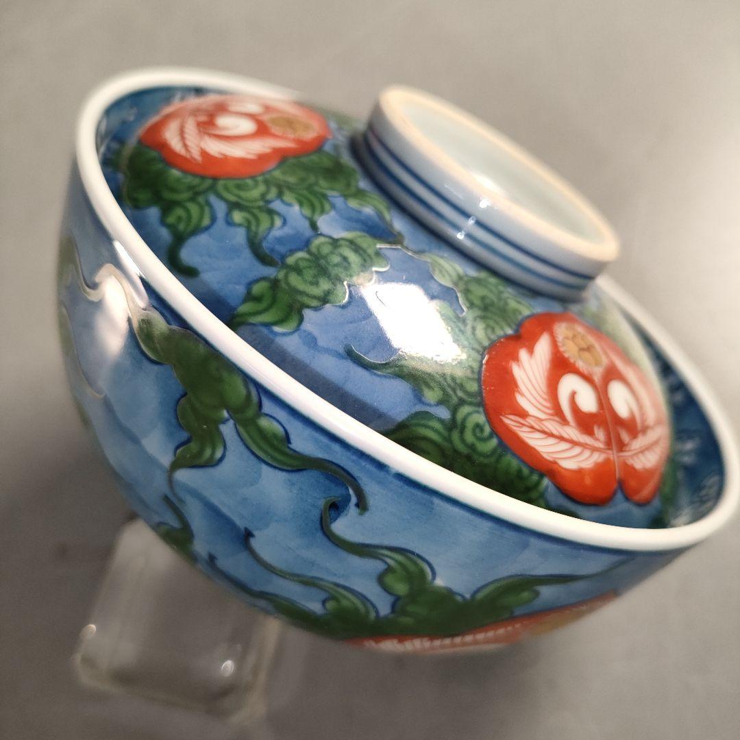 A1352-1/有田焼/源右衛門窯/染錦瑞雲草花紋向付5客/共箱/蓋碗/懐石道具