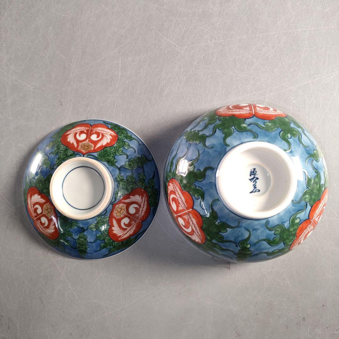 A1352-1/有田焼/源右衛門窯/染錦瑞雲草花紋向付5客/共箱/蓋碗/懐石道具