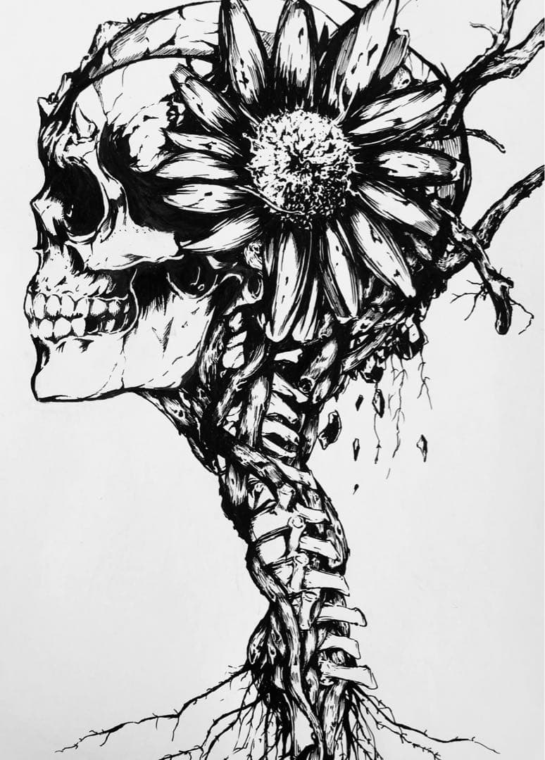 スカルと花のモノクロアート