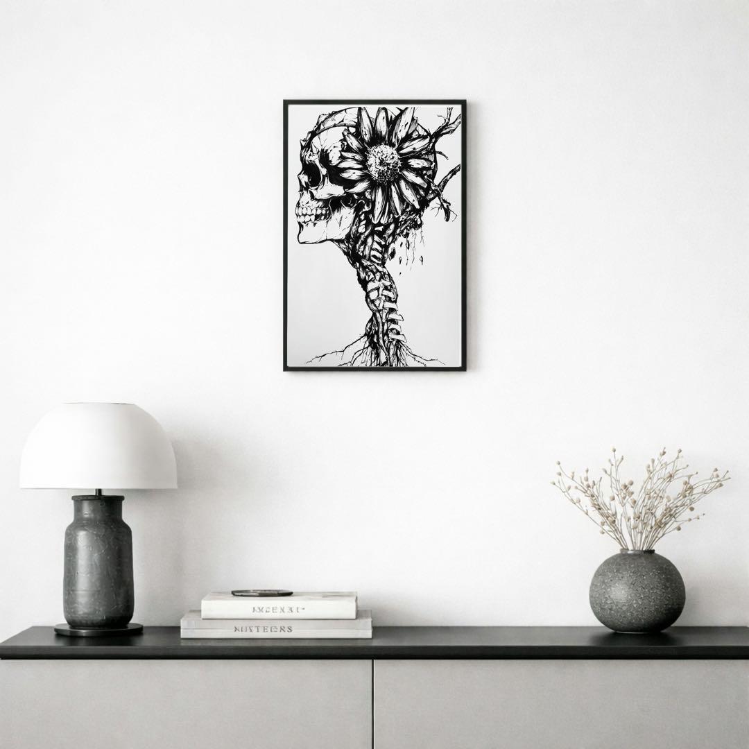 スカルと花のモノクロアート