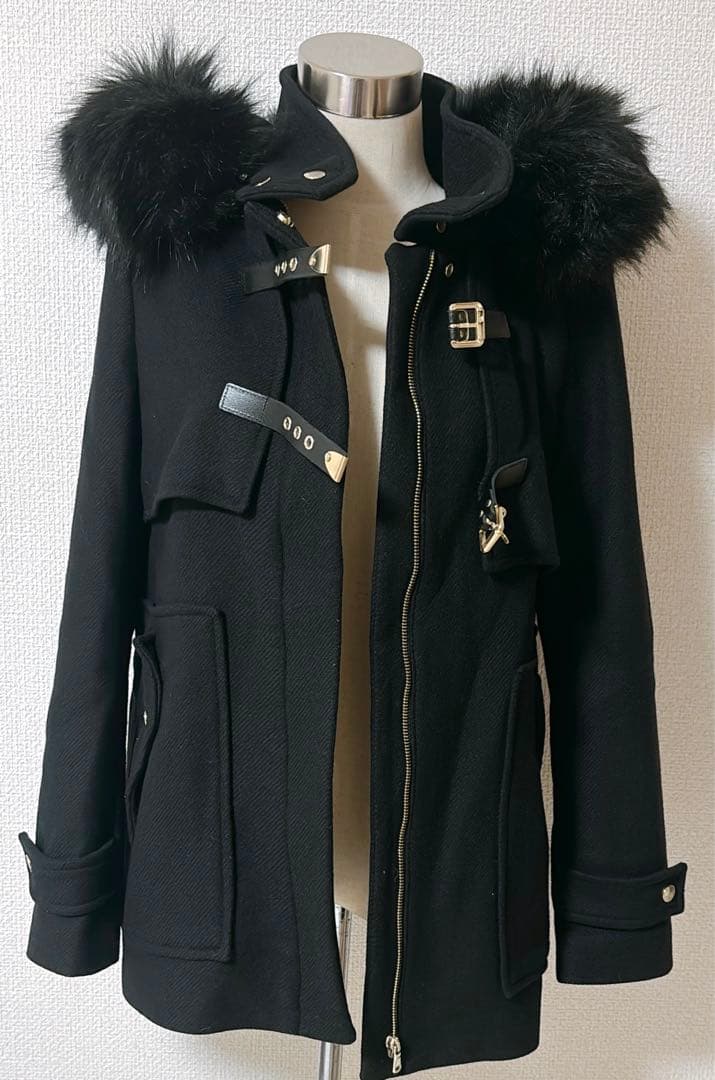 【ZARA WOMAN】ダッフルコート　2WAY ラクーン　ベルト　黒　L相当