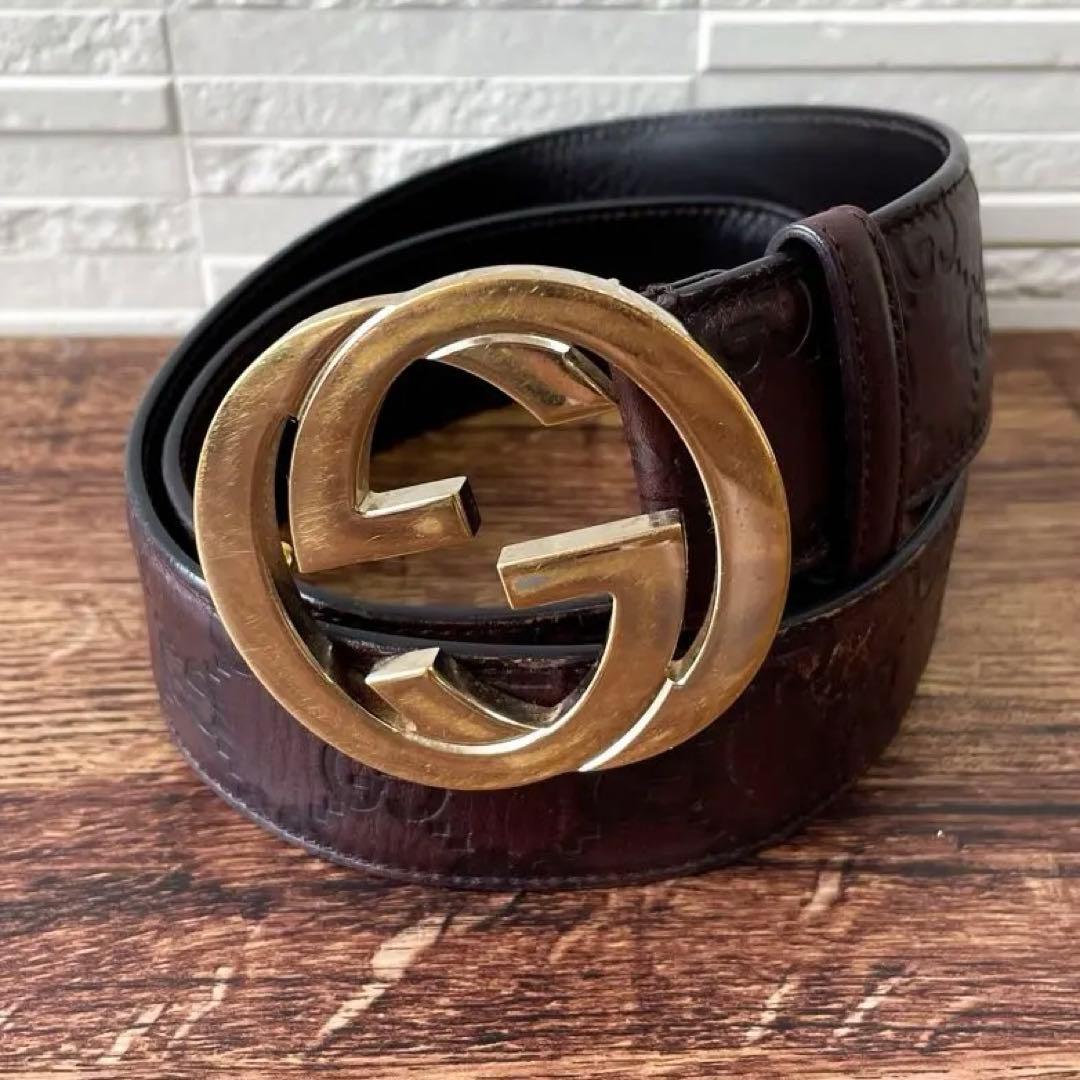 グッチ シマレザー GG インターロッキング ベルト シルバー金具 ブラウン
