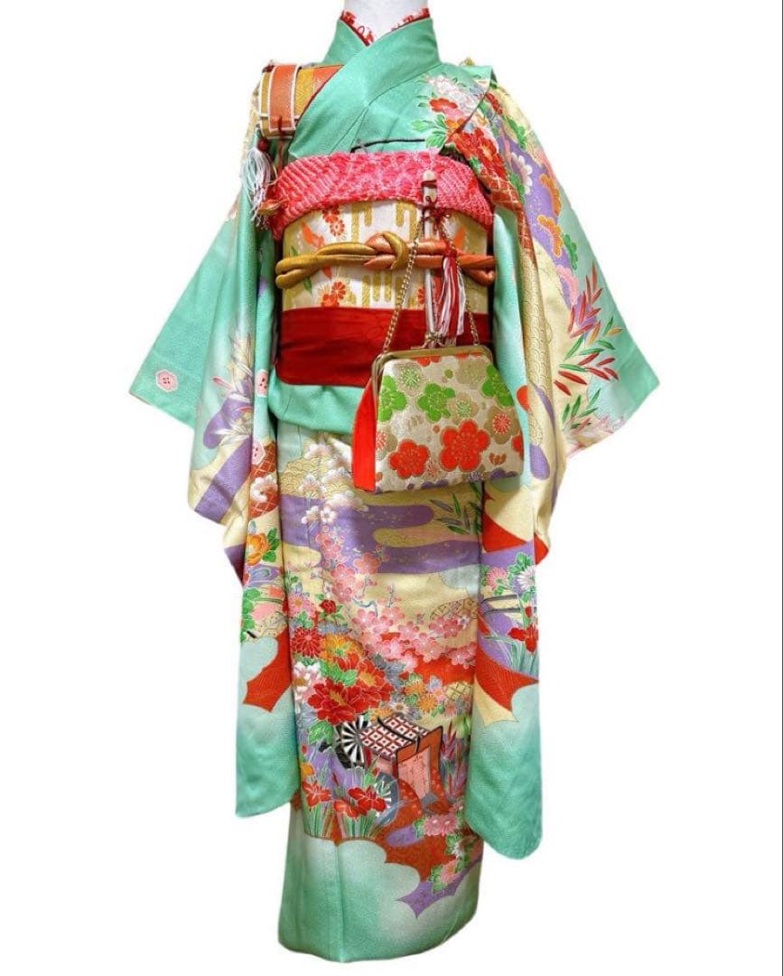 エメラルドグリーン　正絹着物　七五三　7歳　女の子　帯・はこせご一式セット