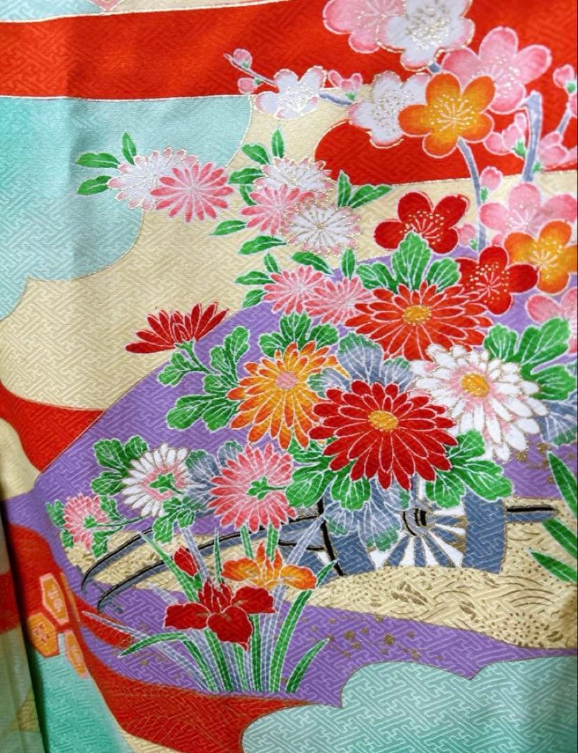 エメラルドグリーン　正絹着物　七五三　7歳　女の子　帯・はこせご一式セット