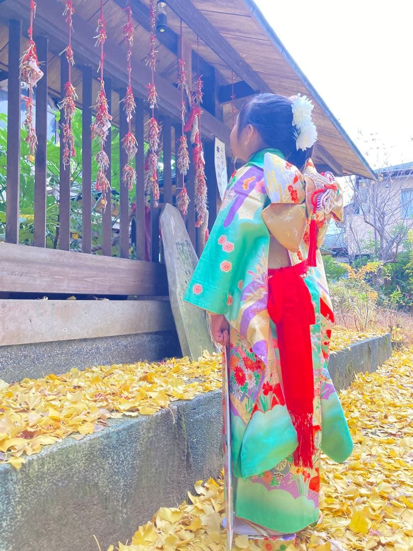 エメラルドグリーン　正絹着物　七五三　7歳　女の子　帯・はこせご一式セット