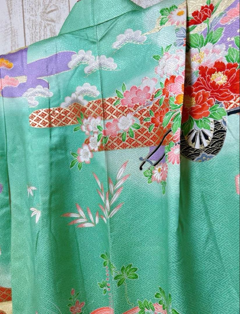 エメラルドグリーン　正絹着物　七五三　7歳　女の子　帯・はこせご一式セット