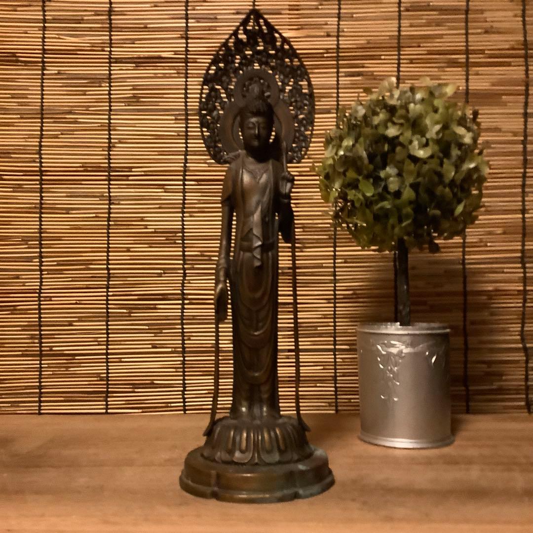 大正〜昭和期「聖観世音菩薩立像」仏教三大信仰・観音経・般若心経・銅・仏師銘刻印