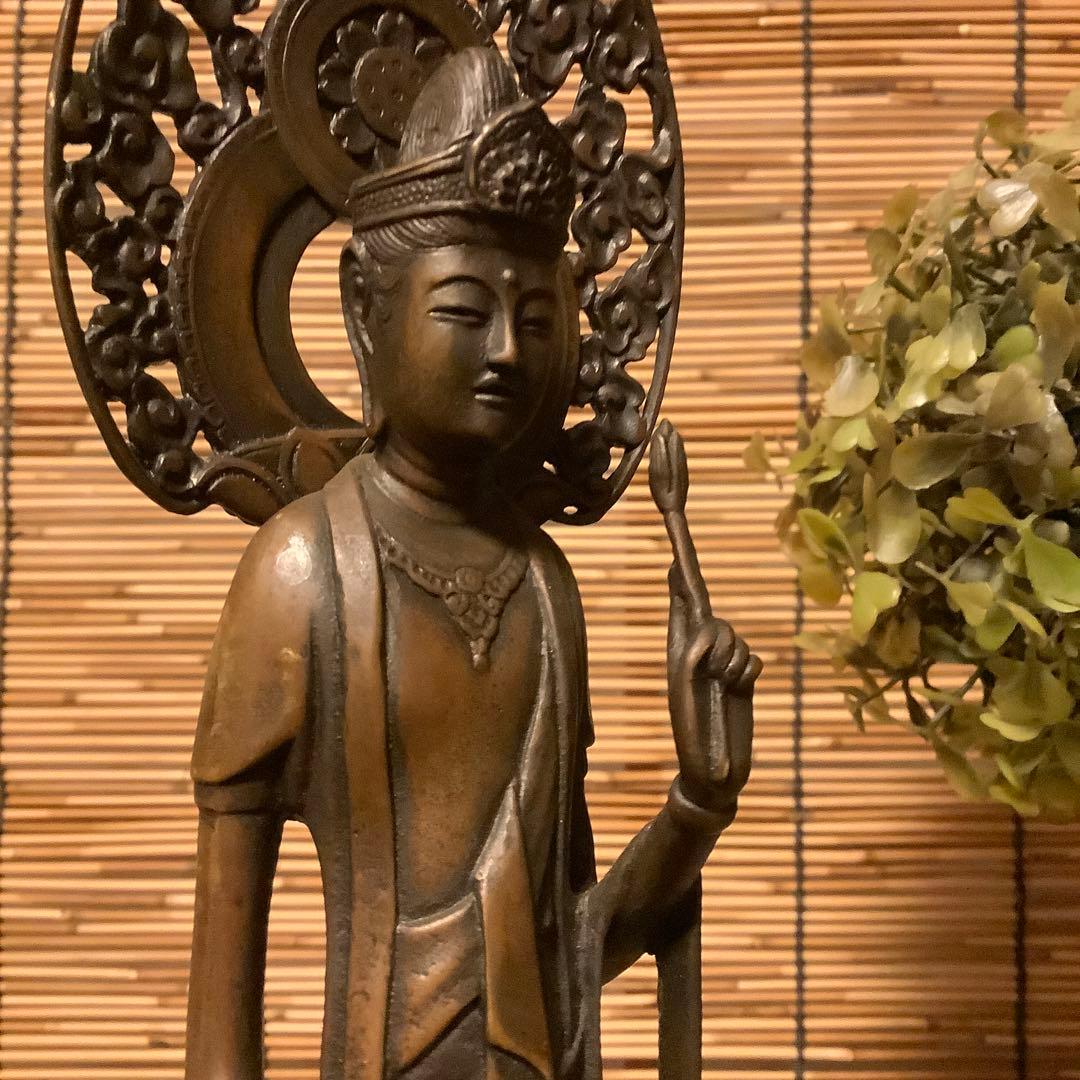 大正〜昭和期「聖観世音菩薩立像」仏教三大信仰・観音経・般若心経・銅・仏師銘刻印