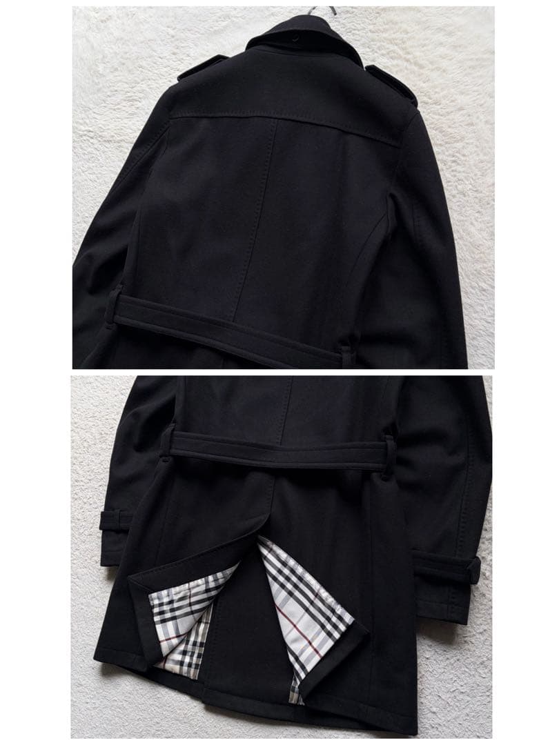 バーバリーブラックレーベル ウールトレンチコート カシミヤ混 ノバチェック 黒