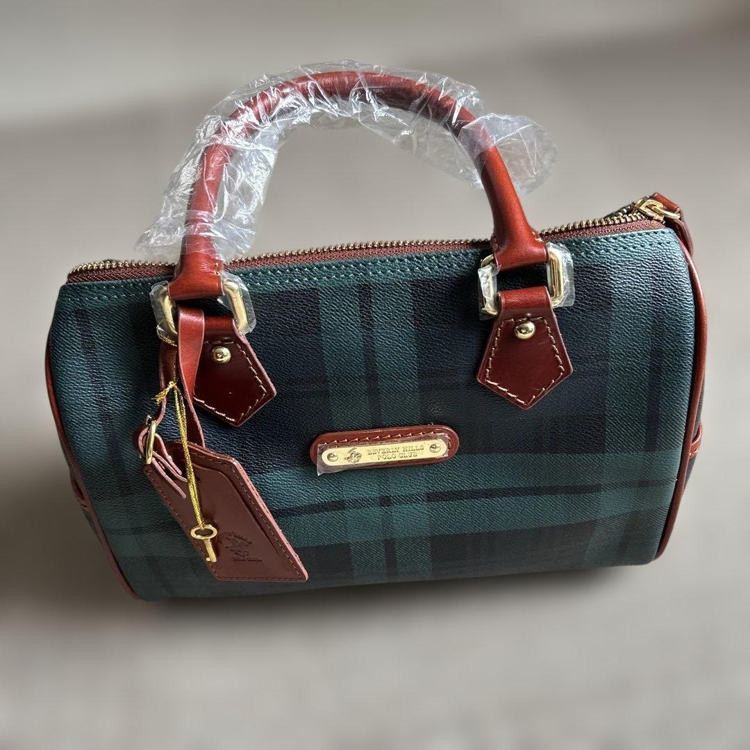 ミニボストンバッグ グリーン系チェック 合成皮革