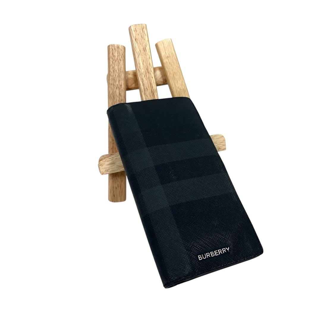 バーバリー　長財布　シャドーチェック　ロゴプレート　二つ折り　レザー　ブラック