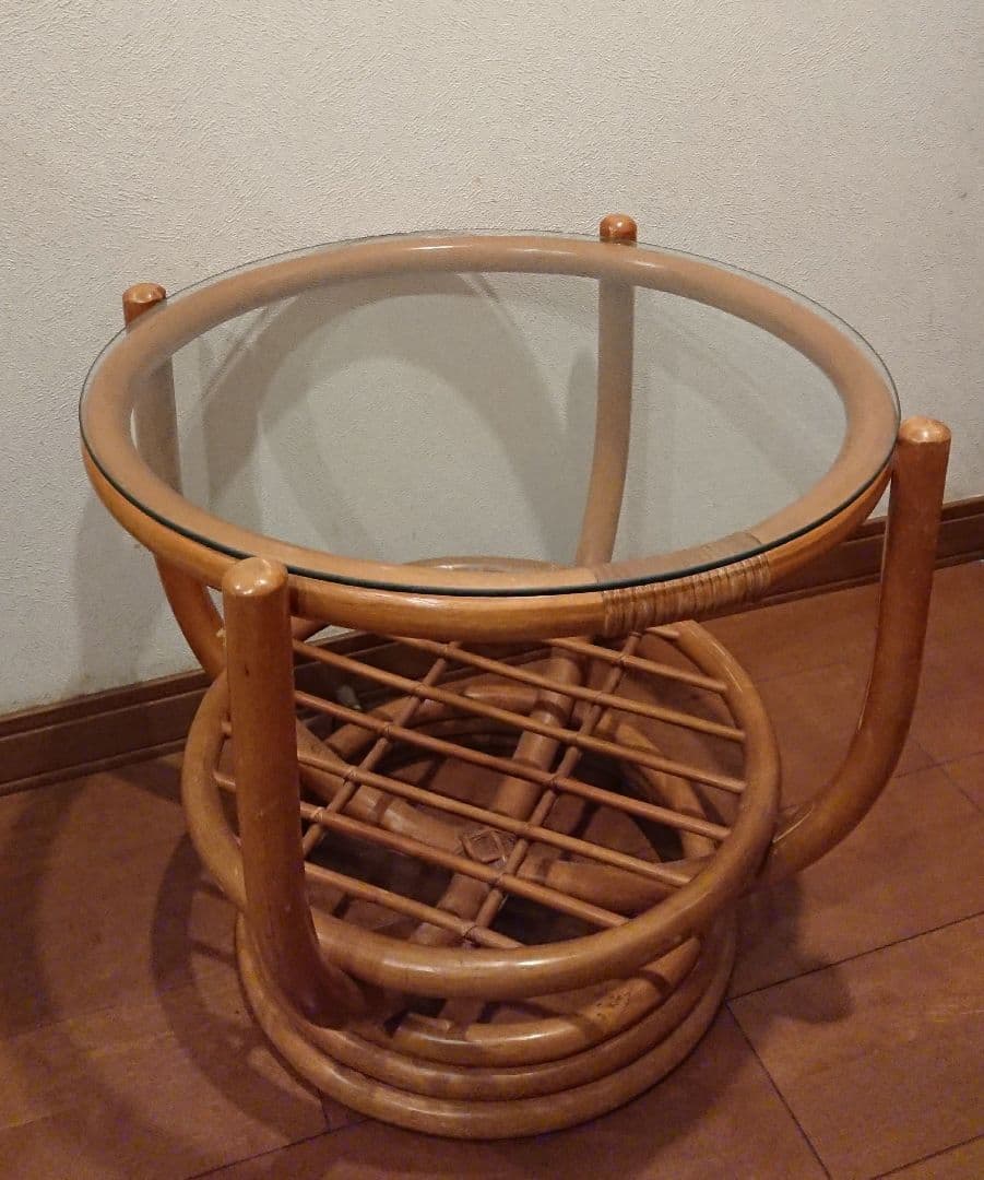 台湾製 ラタン 籐 ガラステーブル