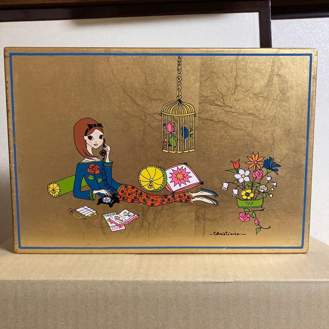 化粧箱　アクセサリーケース　ミラー付き　昭和レトロ　ゴールド　イラスト入り