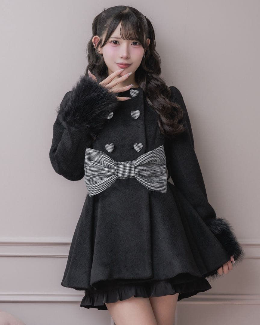 Pium ハートボタンリボンベルトシャギーコート