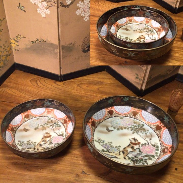 A314 名品　九谷焼　井出製　三毛猫　金彩　雲錦　牡丹蝶紋様　鉢　大　1客
