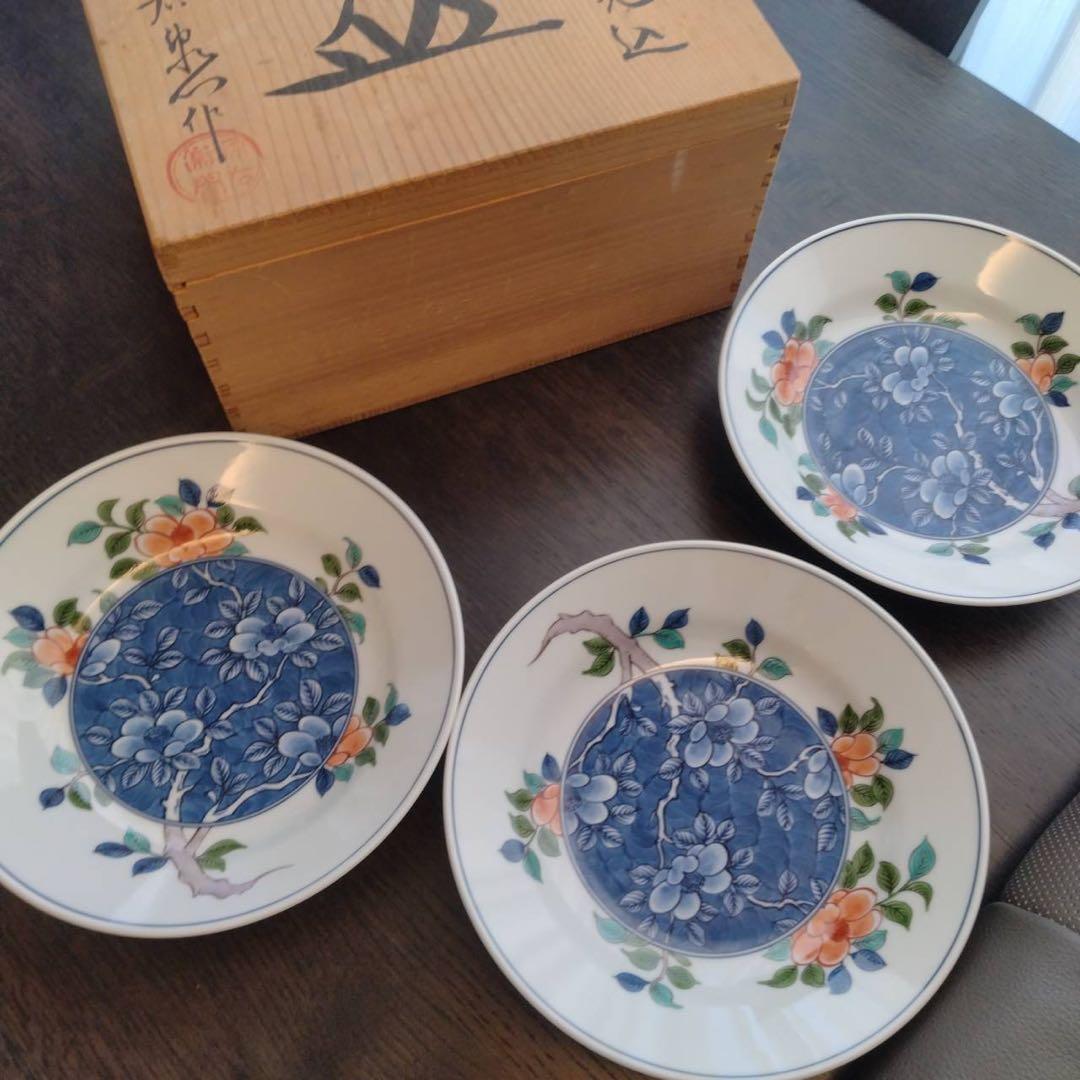 有田焼 源右衛門 皿 3枚セット 染錦椿見込 深皿