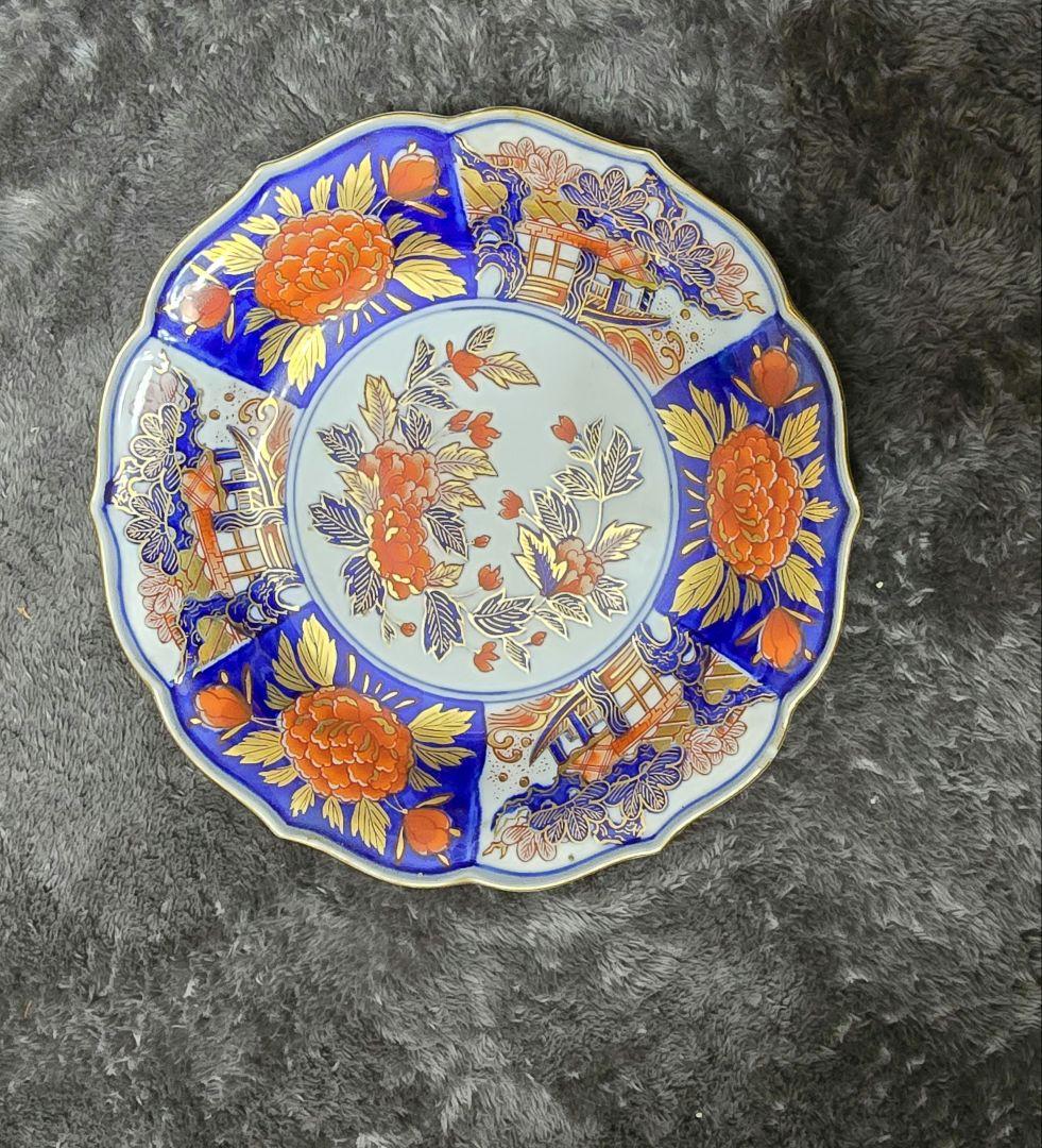 平成伍秀　青とオレンジの花柄八角形皿