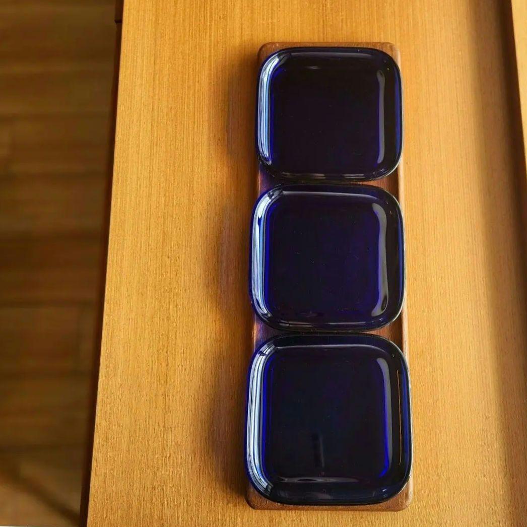 カイ・フランク　チークトレイ　スクエア　ブルー　プレート　三枚セット