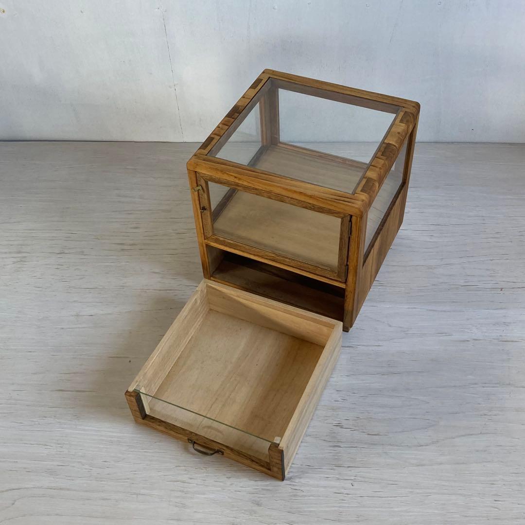 g314 木製ガラスケース 引き出し付き 卓上 ショーケース 小物入れ