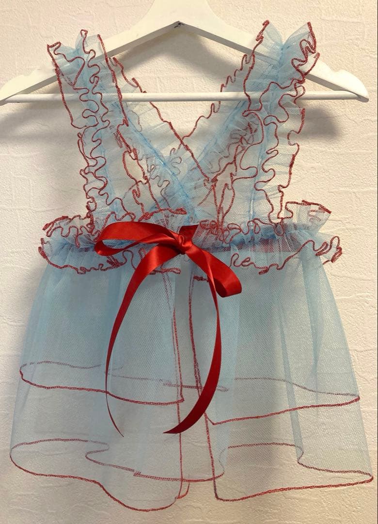 七五三　チュール　七五三　被布　チュール　水色　女の子　レトロ　着物　エプロン