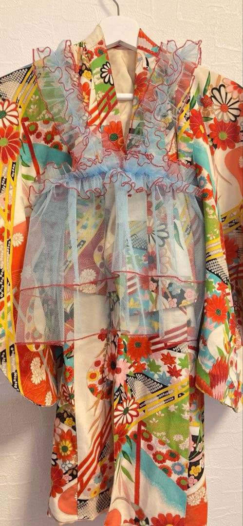 七五三　チュール　七五三　被布　チュール　水色　女の子　レトロ　着物　エプロン