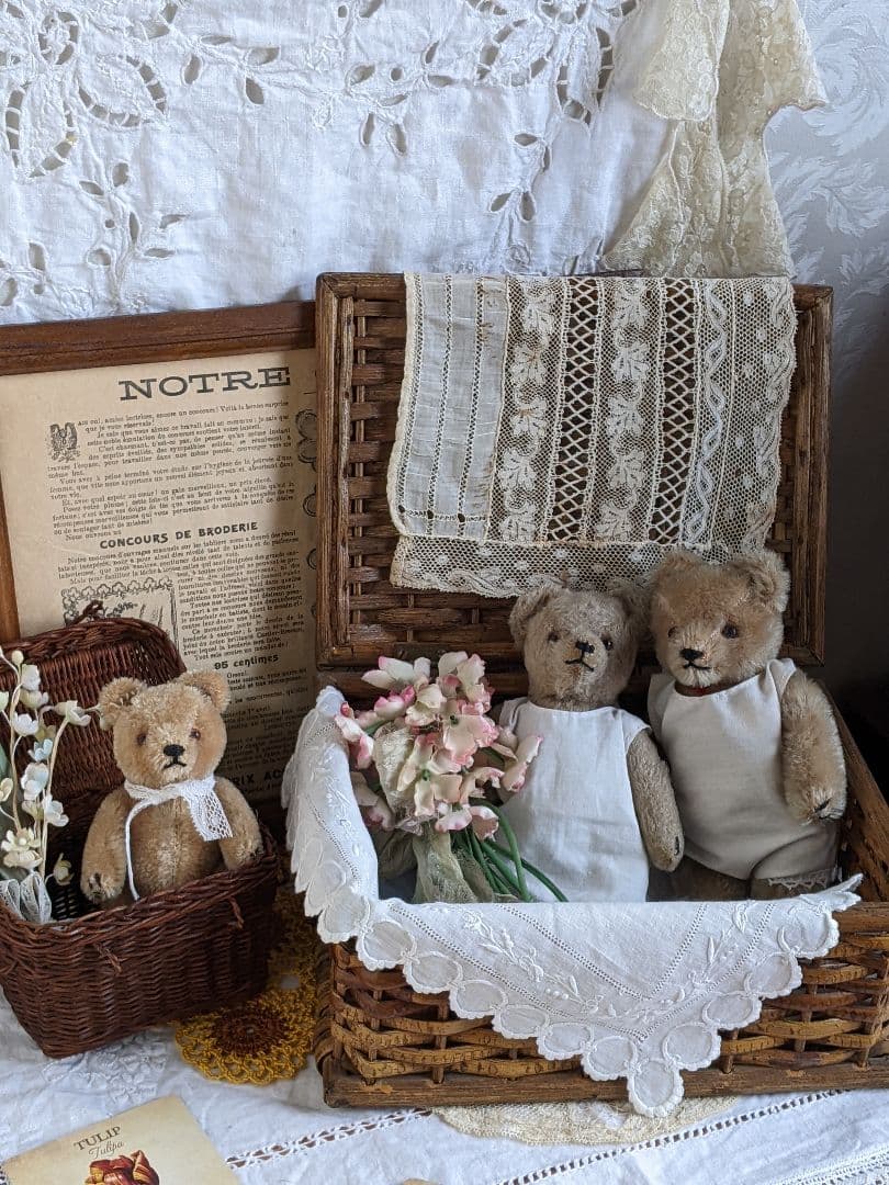 【w】フランスアンティークヴィンテージバスケット２点セット　ドール用バスケット