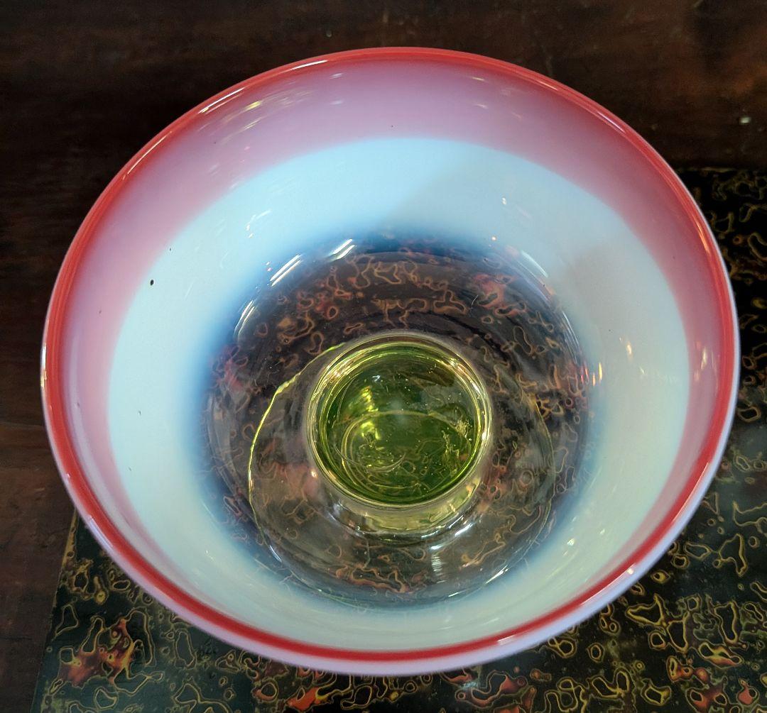 大正時代　三色　 乳白暈ガラス赤縁碗形氷コップ ウランガラス脚