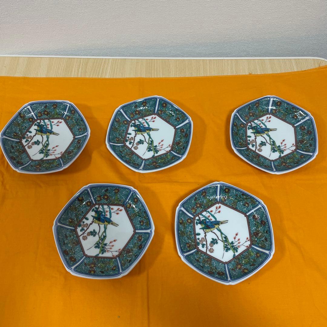九谷焼　花と鳥の八角形皿 5枚セット