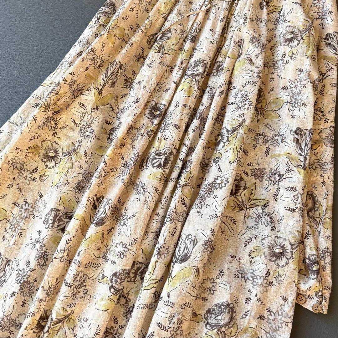 45R ギャザースモック　チュニック　ワンピース　カディコットン　花柄　リボン